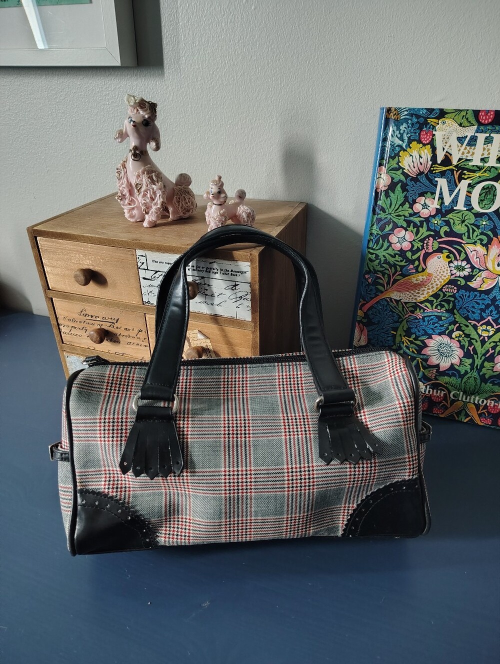 Nine West Small Plaid Houndstooth Barrel Bowler Bag